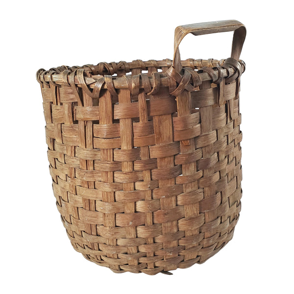 Antique Handwoven Oak Splint Gathering Basket Single Bentwood Handle