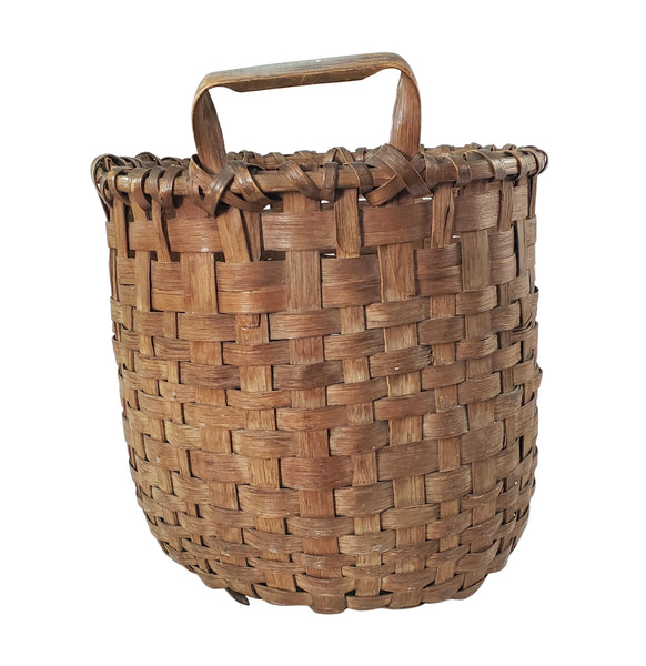 Antique Handwoven Oak Splint Gathering Basket Single Bentwood Handle