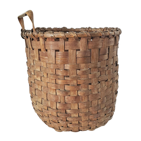 Antique Handwoven Oak Splint Gathering Basket Single Bentwood Handle
