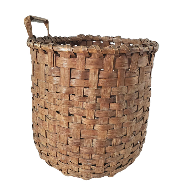 Antique Handwoven Oak Splint Gathering Basket Single Bentwood Handle