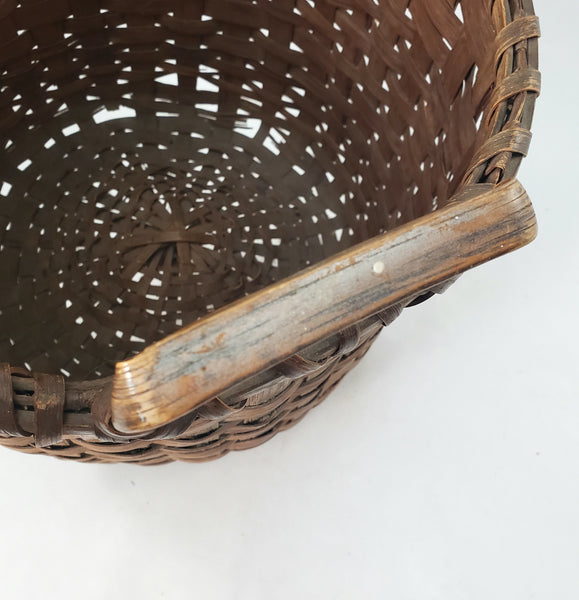 Antique Handwoven Oak Splint Gathering Basket Single Bentwood Handle