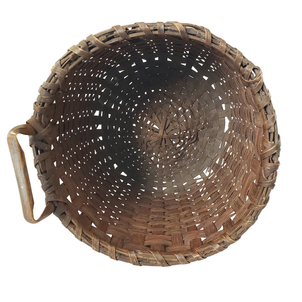 Antique Handwoven Oak Splint Gathering Basket Single Bentwood Handle