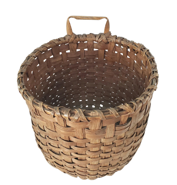 Antique Handwoven Oak Splint Gathering Basket Single Bentwood Handle