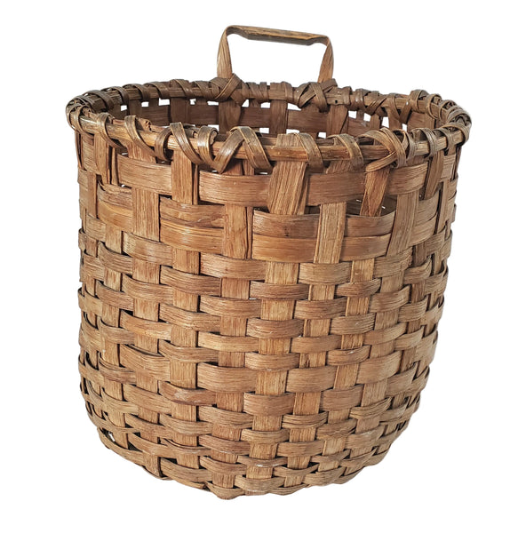 Antique Handwoven Oak Splint Gathering Basket Single Bentwood Handle