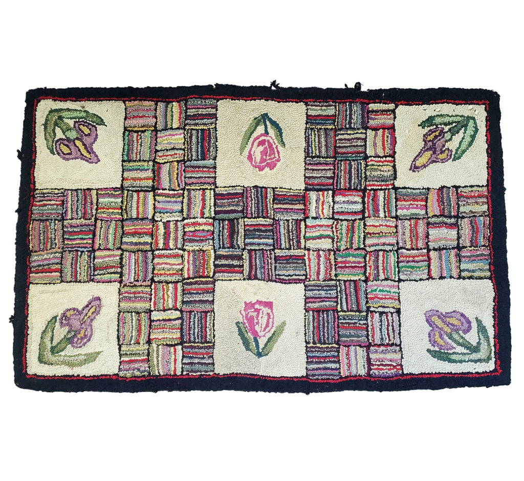 Vintage Folk Art American Hand-Hooked Rug Geometric and Floral Cottagecore Décor 