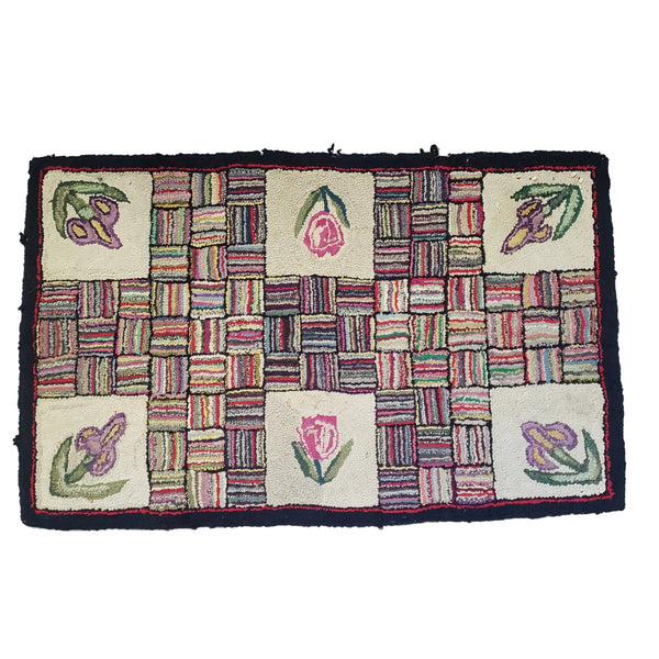Vintage Folk Art American Hand-Hooked Rug Geometric and Floral Cottagecore Décor