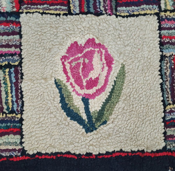 Vintage Folk Art American Hand-Hooked Rug Geometric and Floral Cottagecore Décor