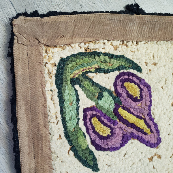 Vintage Folk Art American Hand-Hooked Rug Geometric and Floral Cottagecore Décor