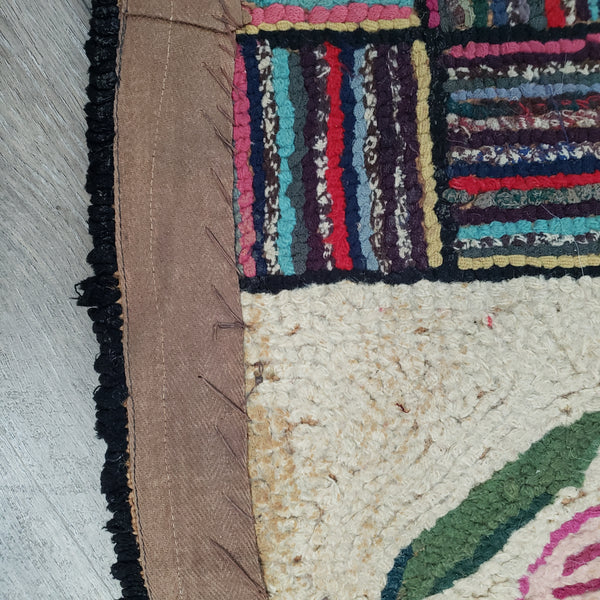 Vintage Folk Art American Hand-Hooked Rug Geometric and Floral Cottagecore Décor