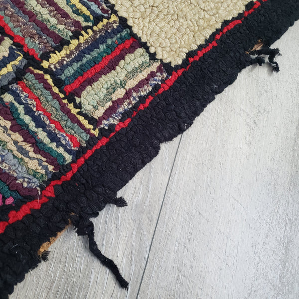 Vintage Folk Art American Hand-Hooked Rug Geometric and Floral Cottagecore Décor