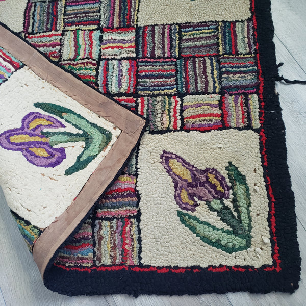 Vintage Folk Art American Hand-Hooked Rug Geometric and Floral Cottagecore Décor