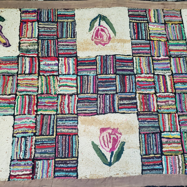 Vintage Folk Art American Hand-Hooked Rug Geometric and Floral Cottagecore Décor