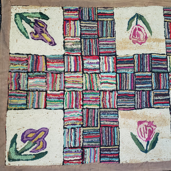 Vintage Folk Art American Hand-Hooked Rug Geometric and Floral Cottagecore Décor