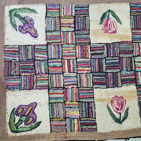 Vintage Folk Art American Hand-Hooked Rug Geometric and Floral Cottagecore Décor