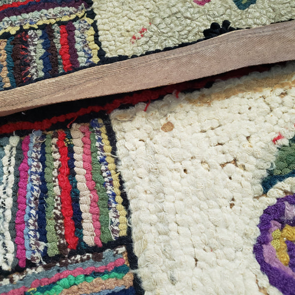 Vintage Folk Art American Hand-Hooked Rug Geometric and Floral Cottagecore Décor