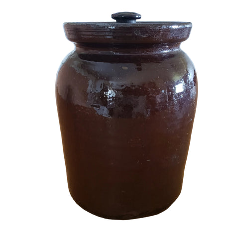Antique Dark Brown Glazed Redware Storage Jar with Lid 2 Quart