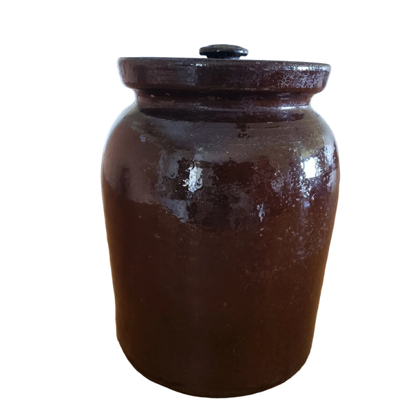 Antique Dark Brown Glazed Redware Storage Jar with Lid 2 Quart Pennsylvania Region