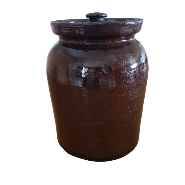 Antique Dark Brown Glazed Redware Storage Jar with Lid 2 Quart Pennsylvania Region