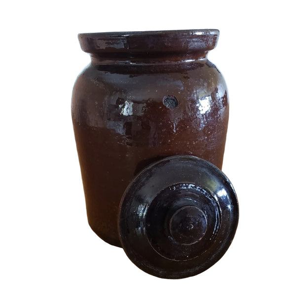 Antique Dark Brown Glazed Redware Storage Jar with Lid 2 Quart Pennsylvania Region