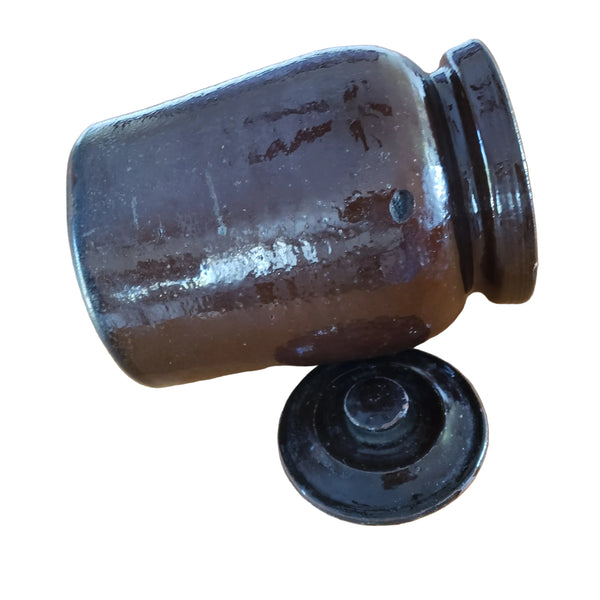 Antique Dark Brown Glazed Redware Storage Jar with Lid 2 Quart Pennsylvania Region
