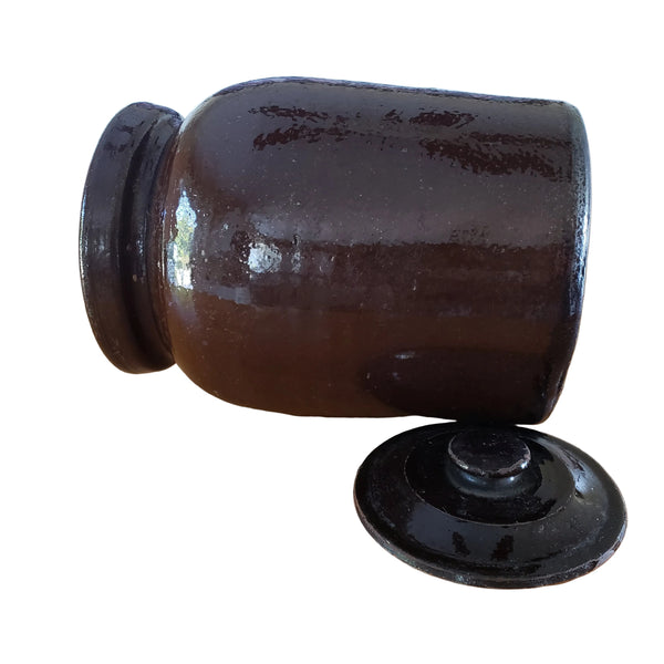 Antique Dark Brown Glazed Redware Storage Jar with Lid 2 Quart Pennsylvania Region