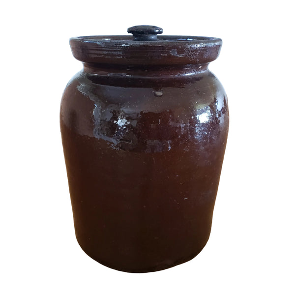 Antique Dark Brown Glazed Redware Storage Jar with Lid 2 Quart Pennsylvania Region