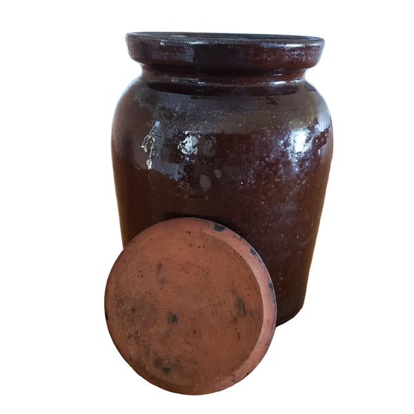 Antique Dark Brown Glazed Redware Storage Jar with Lid 2 Quart Pennsylvania Region