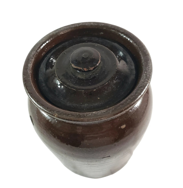 Antique Dark Brown Glazed Redware Storage Jar with Lid 2 Quart Pennsylvania Region