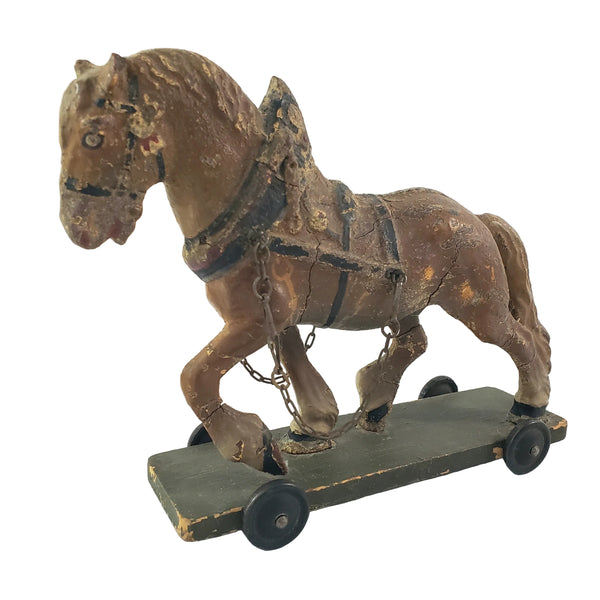 Old LINEOL Germany Composition Draft Horse Toy on Wheels 1930s