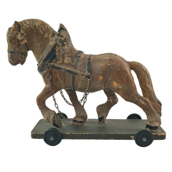 Old LINEOL Germany Composition Draft Horse Toy on Wheels 1930s