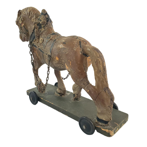 Old LINEOL Germany Composition Draft Horse Toy on Wheels 1930s
