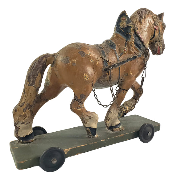 Old LINEOL Germany Composition Draft Horse Toy on Wheels 1930s