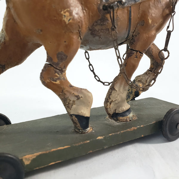 Old LINEOL Germany Composition Draft Horse Toy on Wheels 1930s