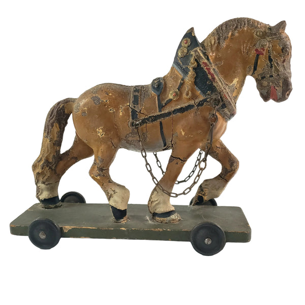 Old LINEOL Germany Composition Draft Horse Toy on Wheels 1930s