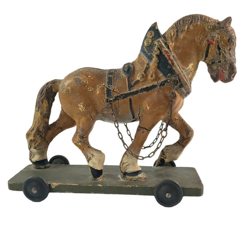 Old LINEOL Germany Composition Draft Horse Toy on Wheels 1930s