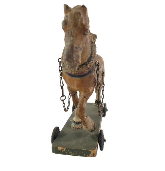 Old LINEOL Germany Composition Draft Horse Toy on Wheels 1930s