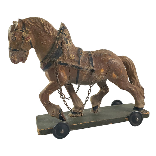 Old LINEOL Germany Composition Draft Horse Toy on Wheels 1930s