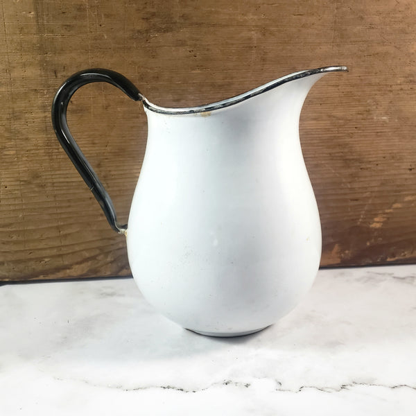 Antique White Enamelware Milk Pitcher Black Trim Farmhouse Cottage Decor