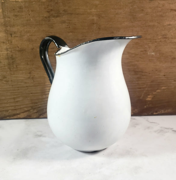 Antique White Enamelware Milk Pitcher Black Trim Farmhouse Cottage Decor