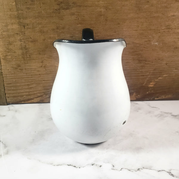 Antique White Enamelware Milk Pitcher Black Trim Farmhouse Cottage Decor