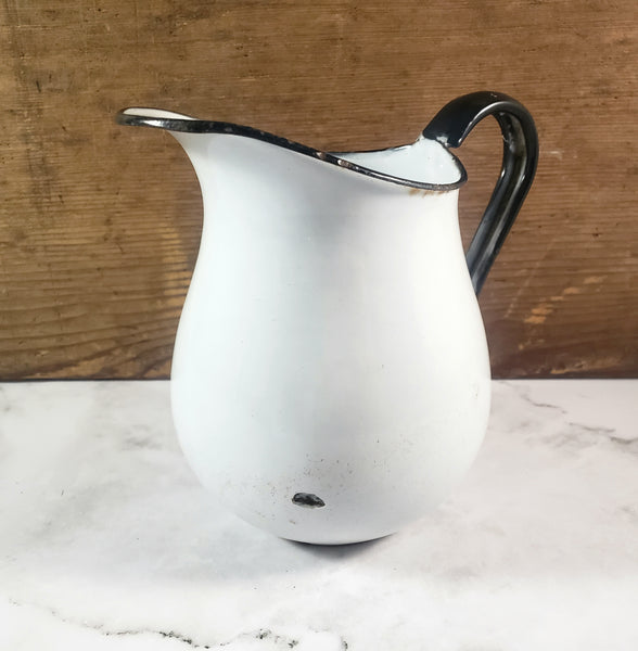 Antique White Enamelware Milk Pitcher Black Trim Farmhouse Cottage Decor