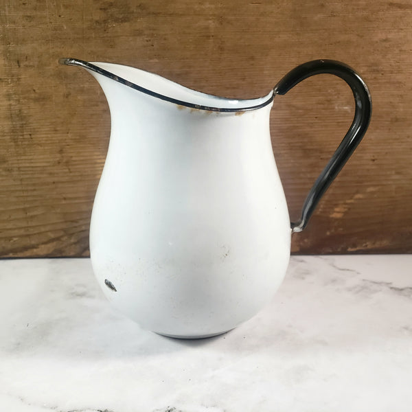 Antique White Enamelware Milk Pitcher Black Trim Farmhouse Cottage Decor
