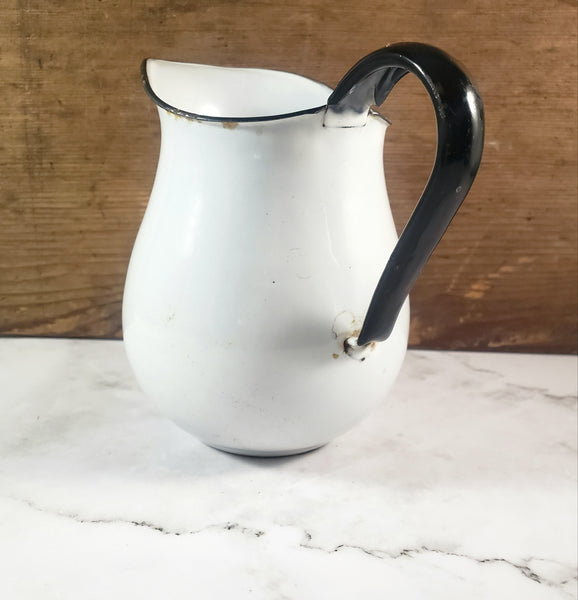 Antique White Enamelware Milk Pitcher Black Trim Farmhouse Cottage Decor
