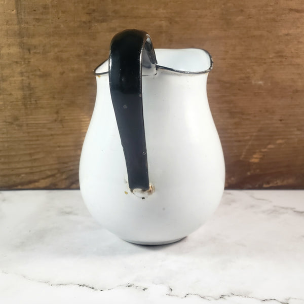 Antique White Enamelware Milk Pitcher Black Trim Farmhouse Cottage Decor