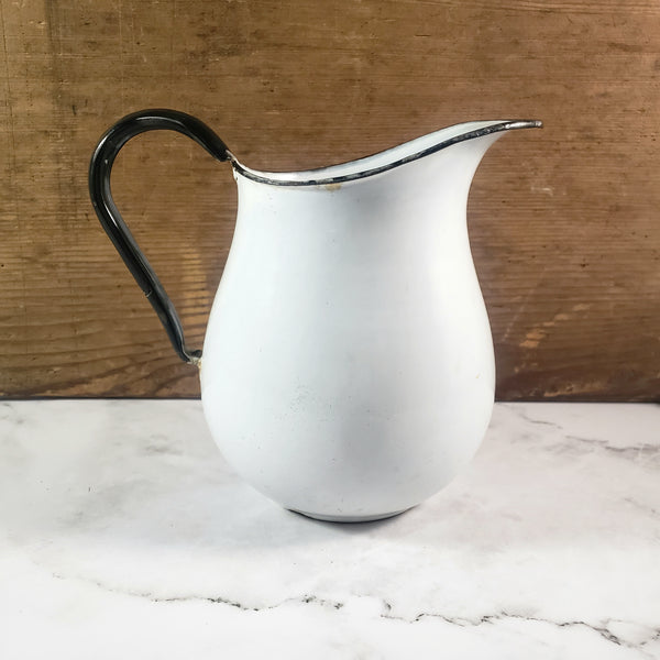 Antique White Enamelware Milk Pitcher Black Trim Farmhouse Cottage Decor