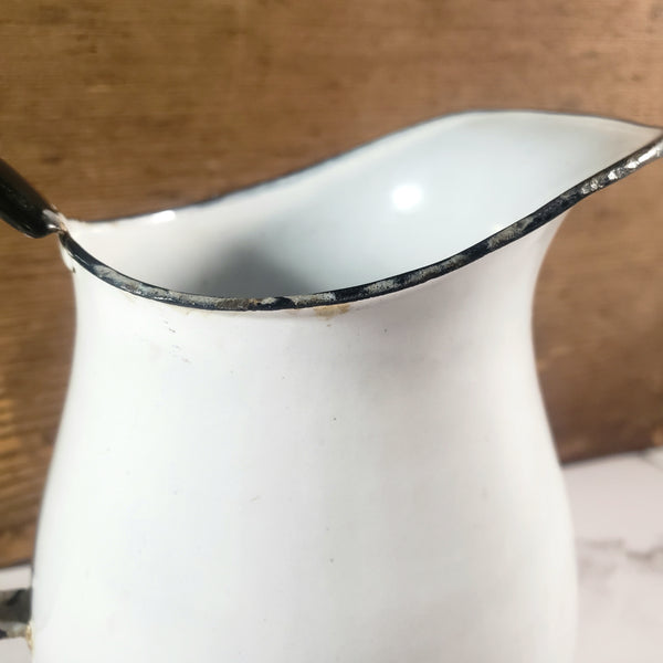Antique White Enamelware Milk Pitcher Black Trim Farmhouse Cottage Decor