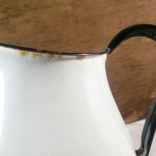 Antique White Enamelware Milk Pitcher Black Trim Farmhouse Cottage Decor
