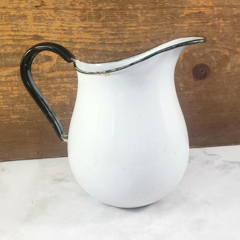 Vintage White Enamelware Milk Pitcher Black Trim Farmhouse Cottage Decor