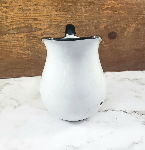 Vintage White Enamelware Milk Pitcher Black Trim Farmhouse Cottage Décor