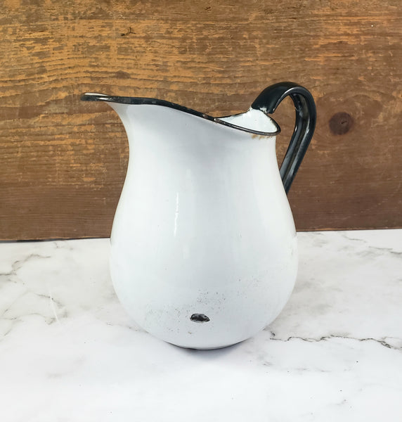 Vintage White Enamelware Milk Pitcher Black Trim Farmhouse Cottage Décor